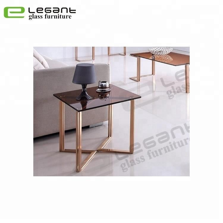 Golden Stainless Steel Side Table with Somked Glass Top