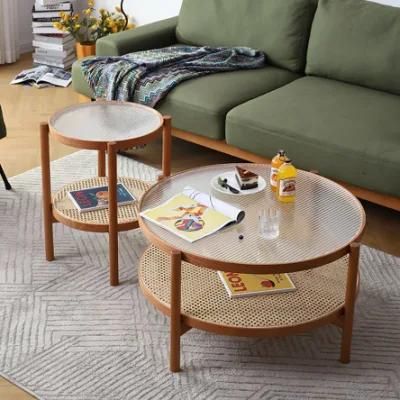 Small Round Table Made of Solid Beech Wood, Rattan