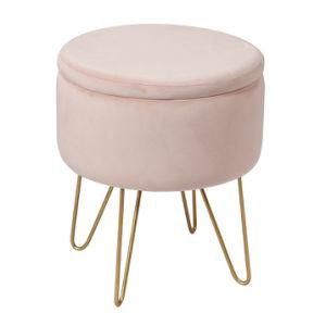 Knobby Pink Velvet Storage Ottoman Footstool with Metal Legs