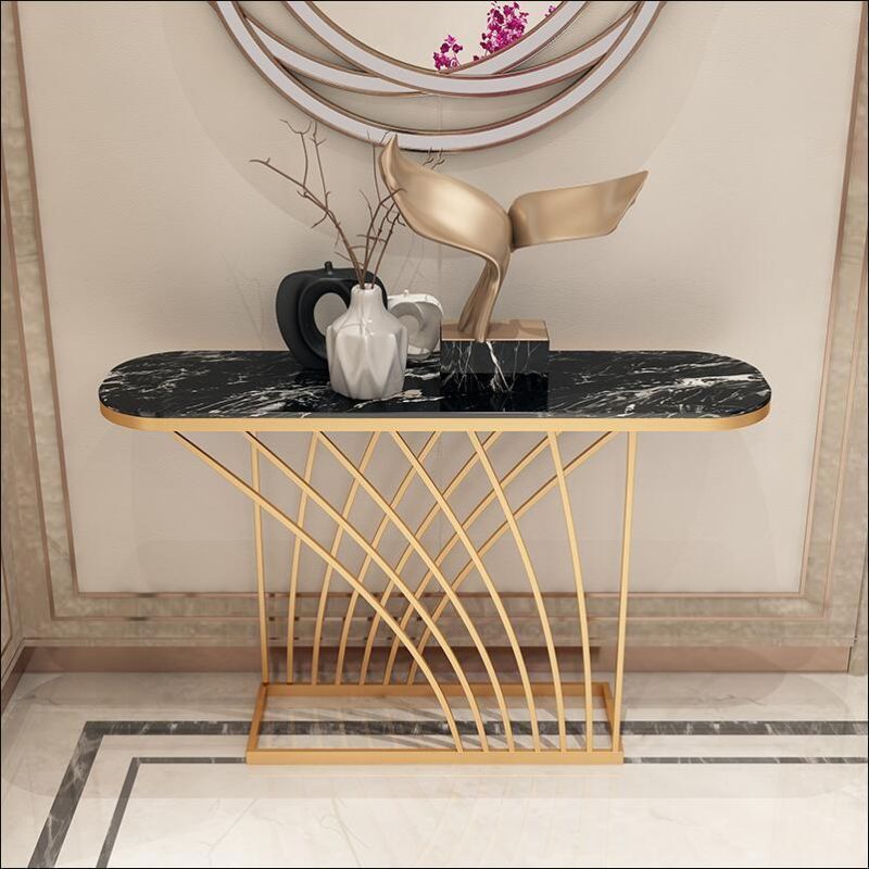 Yuhai Factory Price Newest Luxury Design European French Gold Metal Frame Marble Rock Beam Top Console Table