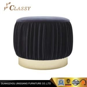 Modern Round Black Velvet Bedroom Stool with Golden Steel Base