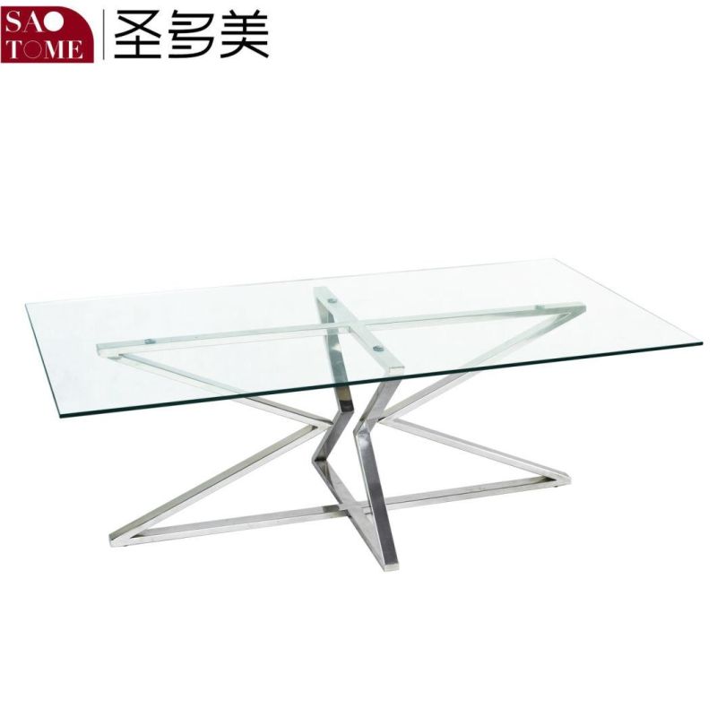 Round Coffee Table with Stainless Steel Transparent Glass Surface in Family Living Room