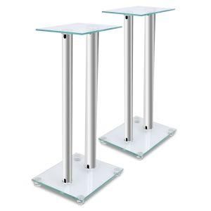 2PCS Speaker Stands Pair Glass Aluminum Silver W/ 2 Pillar Monitor Floor Studio