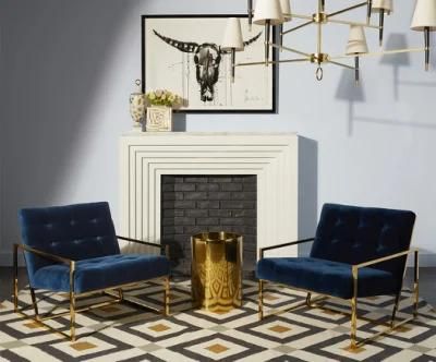 Living Room Modern Gold Metal Frame Navy Blue Velvet Fabric Accent Chair Armchair for Hotel Event Salon Usage