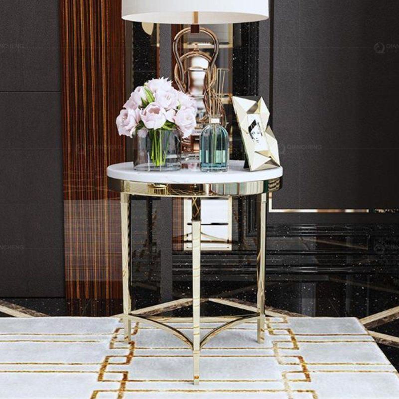 Golden Luxury Modern Wood Marble Top Round Night Table