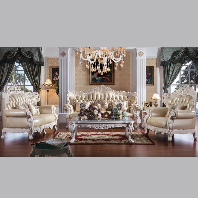 Wood Leather Sofa with Glass Coffee Table for Home Furniture