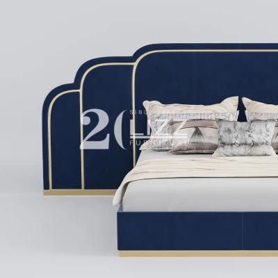 Unique Modern Style Design Sofa Bed Furniture European King Size Bedroom Wooden Blue Fabric Bed