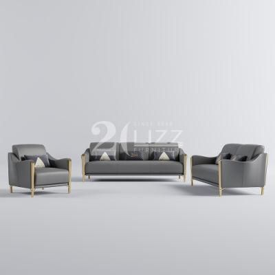 High Class Grey Color Modern Modular Living Room Sofa Set Luxury Geniue Leather Couch Sofa with Gold Metal Legs