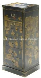 Antique Oriental Art Wooden Black Leather Cabinet