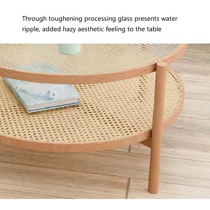 Living Room Furniture Wooden Rattan Coffee Table Combination Round Glass Top Sofa Side Table