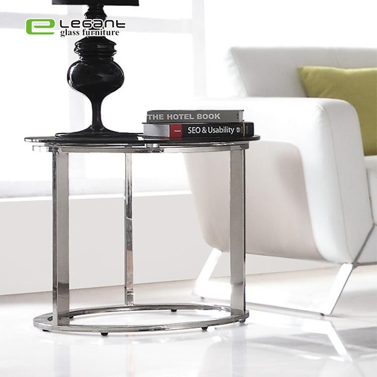 Modern Stainless Steel Base Round Grey Tempered Glass Side Table