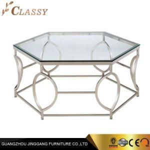Restaurant Hotel Hexagon Shaped Tempered Glass Top Side Table with Stainless Steel Legs