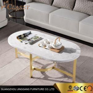 Modern Stylish Oval Marble Coffee Table with Gold Tone Stainless Steel Base