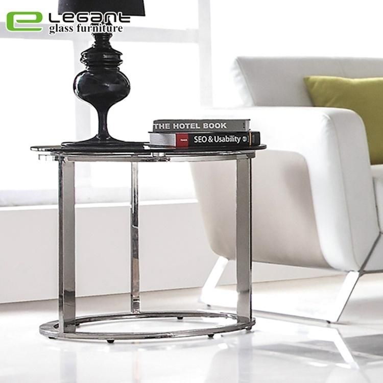 Black Tempered Glass Round Side Table with Stainless Steel Frame