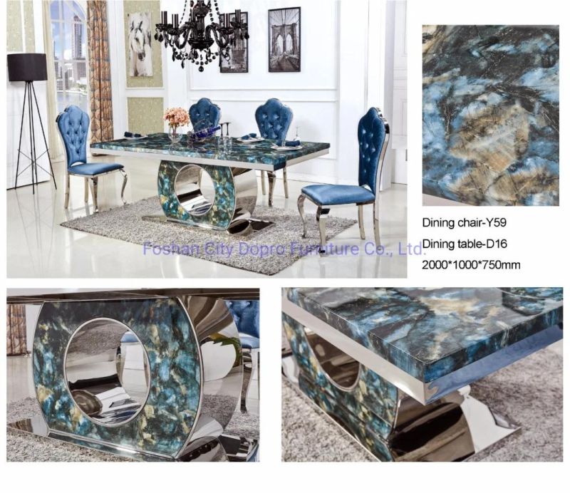 Luxury Antique Marble Top Stainless Steel Dining Table Set for Home Furniture