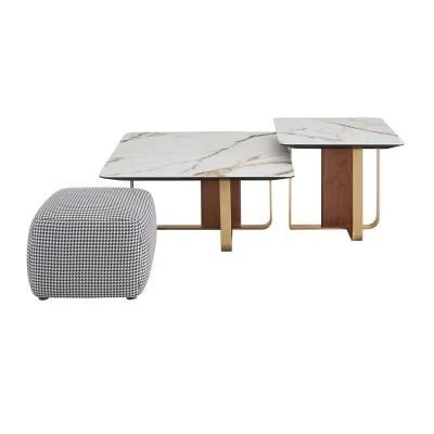Modern Furniture Living Room Stainless Steel MDF Walnut Veneer Ceramic Coffee Table