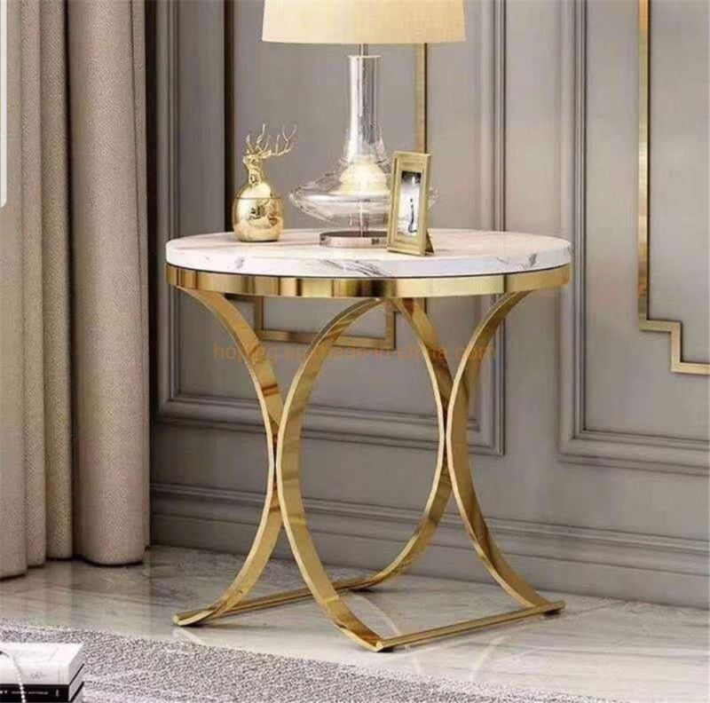 Luxury Modern Round Marble Coffee Table Dining Table with Brass Metal X Y Base Side End Table
