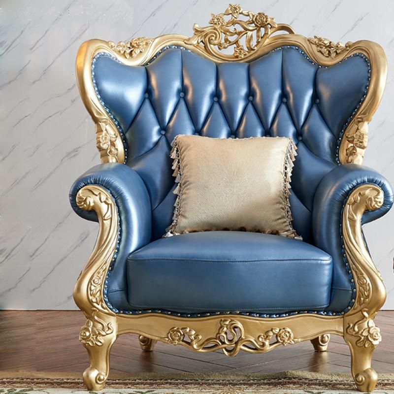 Wood Carved Luxury Leather Sofa for Living Room Furniture