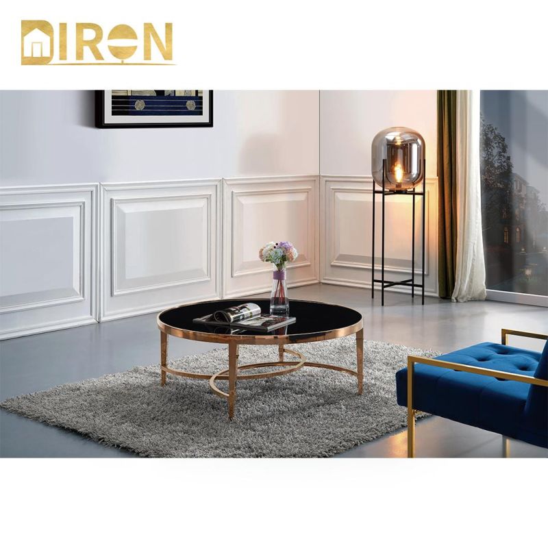 Modern Home Living Room Furniture Black Color Tempered Glass Rose Gold Stainless Steel Coffee Table