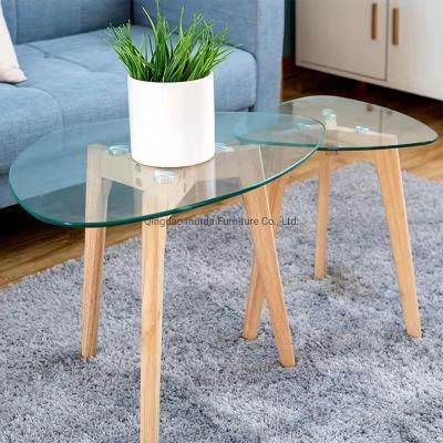 Modern Simple Living Room Furniture Glass Solid Wood Cover Two Coffee Table