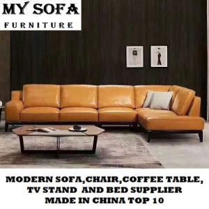 European Style Wooden Genuine Leather Sofa with Chaise