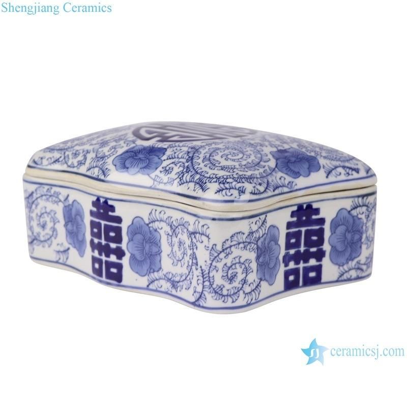 Rxae-FL09-086 Blue and White Rectangular Flower Mouth Happy Pattern Cashew Box Candy Box