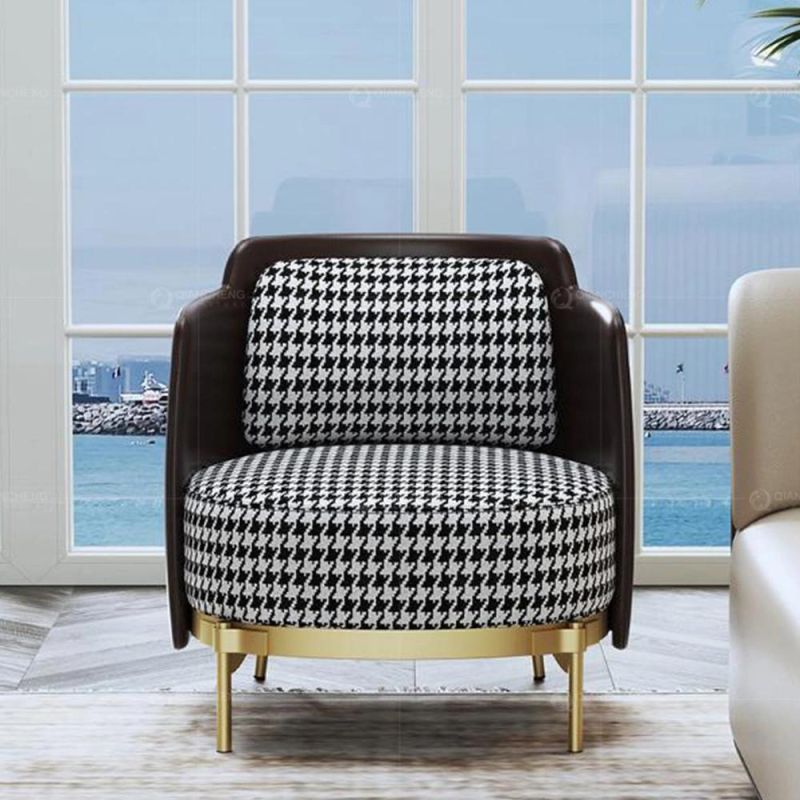 Low Back Golden Scandivian Stainless Steel Leather Houndstooth Lounge Sofa Chair