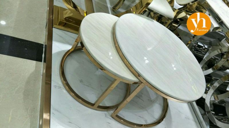 Stainless Steel Coffee Table Ethiopian Gold Nesting Coffee Table Marble or Rock Beam Wood Complete Table 2 Set