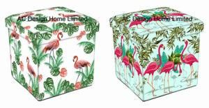 Flamingo Design Square Cube PU Leather and Wooden Folding Storage Seat Ottoman Stool