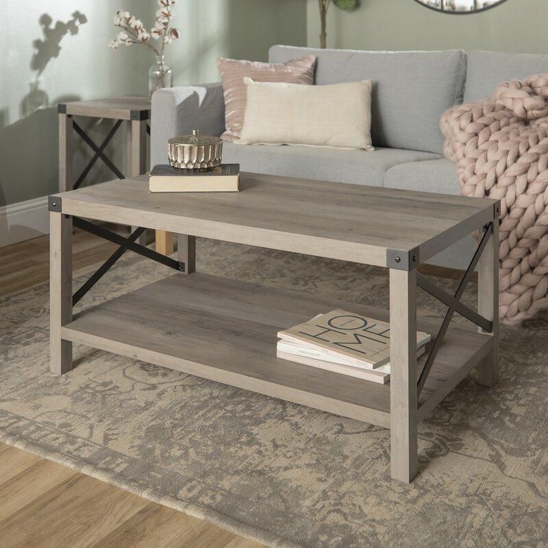 X Design Wood & Metal Frame Gray Wash Coffee Table Living Room Furniture