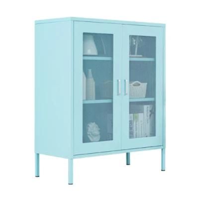 Modern Living Room Furniture Metal Blue Storage Cabinet with Mesh Door