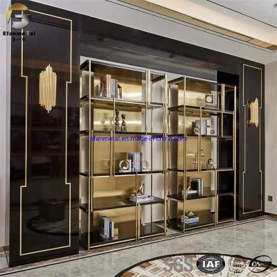 Ef957 Foshan Factory Gold Price Home Living Room Decoration PVD Stainless Steel Customized Metal Book Cabinets