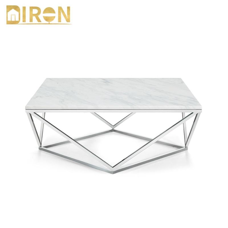 European Design Home Furniture Glass Marble Coffee Table with Stainless Steel Legs