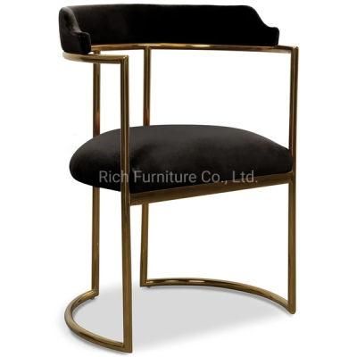 Black Velvet Fabric Dining Chair Gold Frame Brass Metal Legs Tub Chair