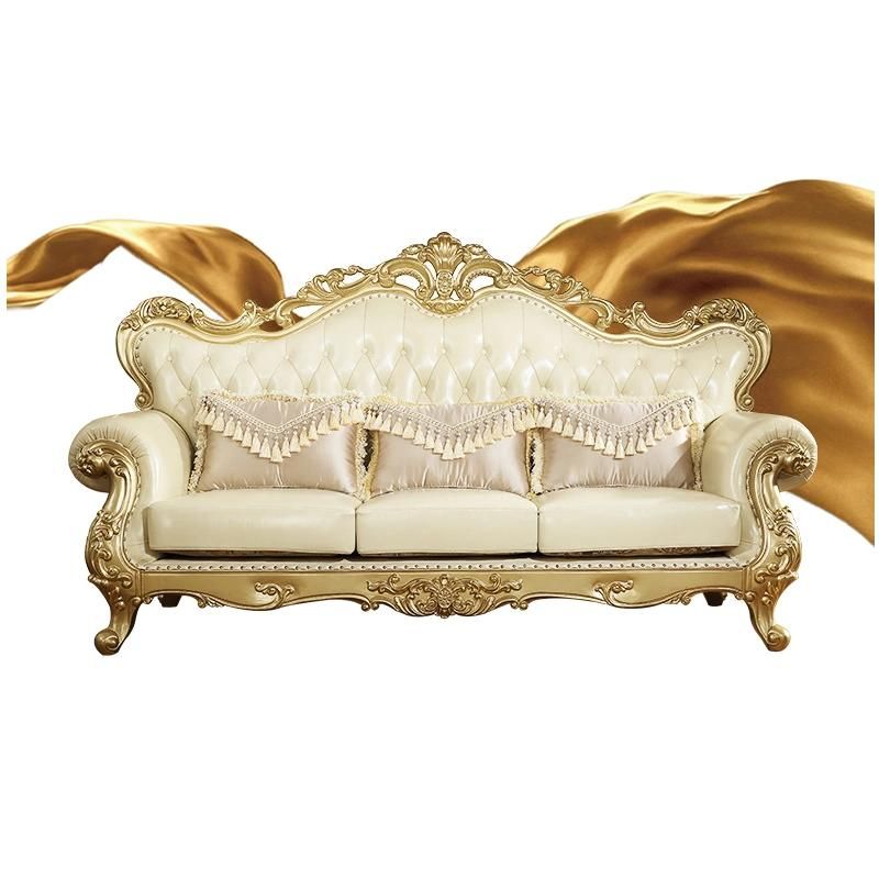 Wood Carved Classic Leather Sofa in Optional Sofas Seats and Couch Furniture Color