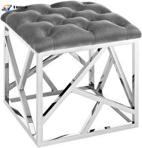 Classic Cube Design Velvet Ottoman with Stainless Steel Legs Footstool