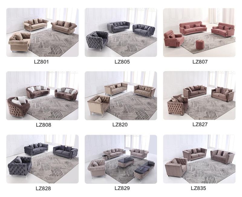 New Arrival Home Furniture Blue Velvet Fabric Upholstered Luxury Tufted Sofa Set
