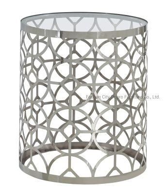 Traditional Openwork Laser Stainless Steel Side Table with Glass Top Fa06
