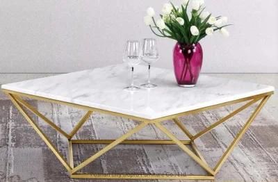 Retangular Artificial Marble Top Coffee Table in Golden Stainless Steel Frame