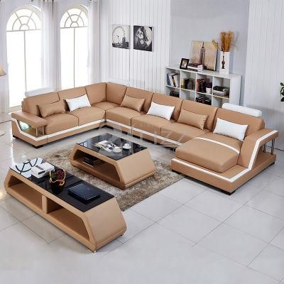 Sectional Corner U Shape European Modern Genuine Leather Living Room Couch with LED