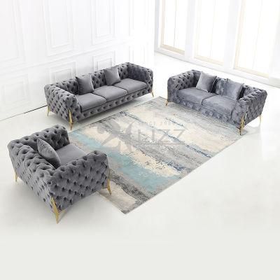 Chesterfield Home Furniture Leisure Fabric Tufted Sofa Set with Stainless Steel Legs
