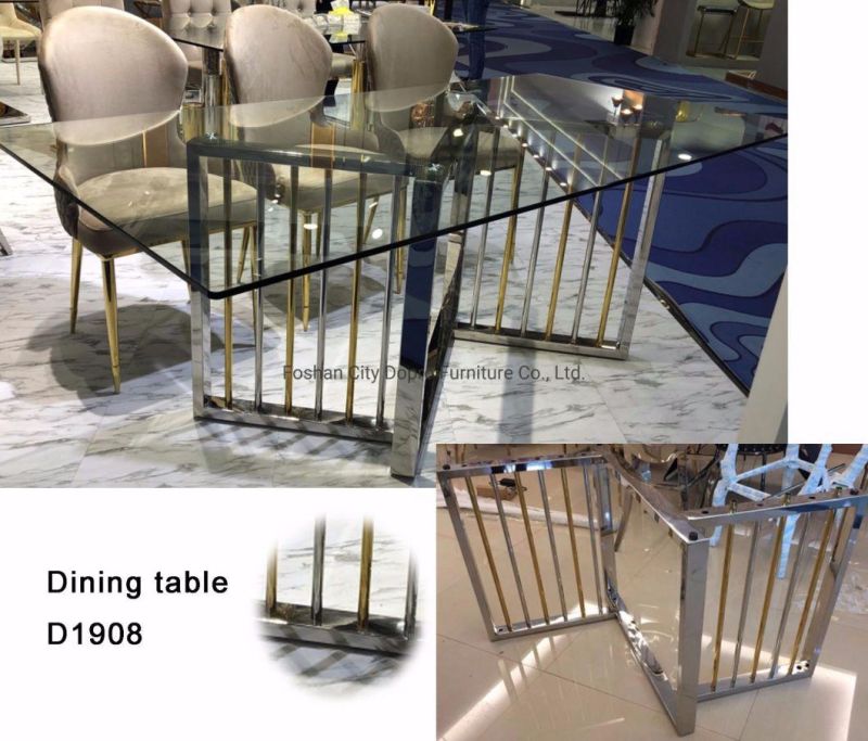 New Design Antique Stainless Steel Furniture Glass Dining Table for Home Furniture
