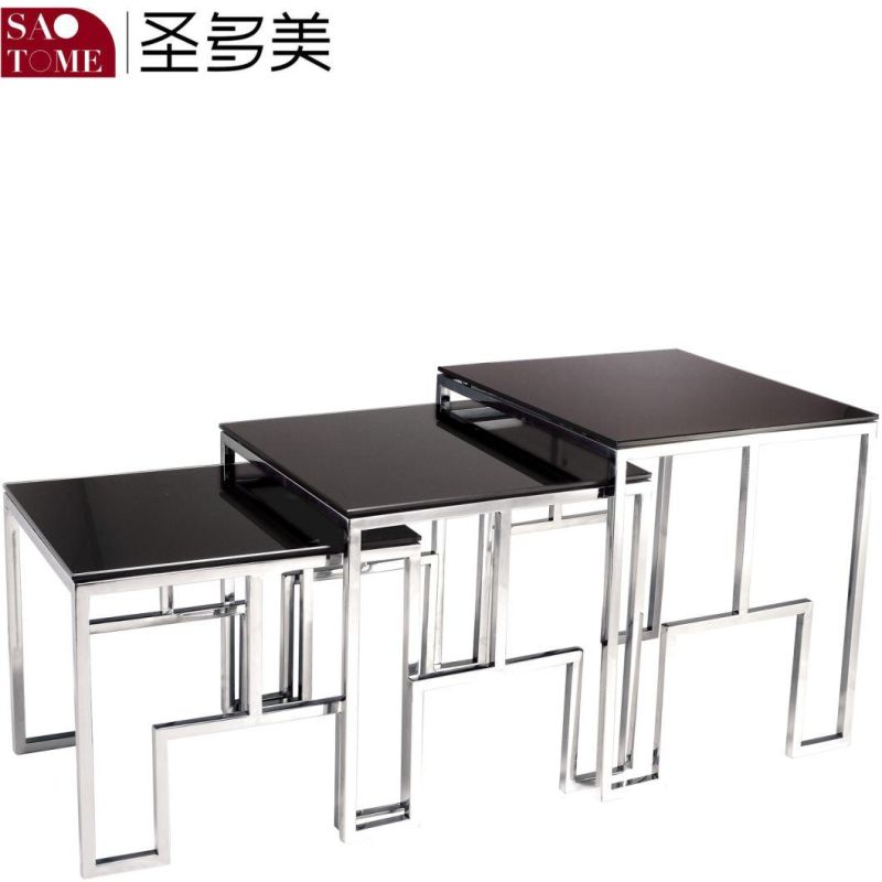 Living Room Furniture Stainless Steel Black Glass Surface Retractable Nest Table