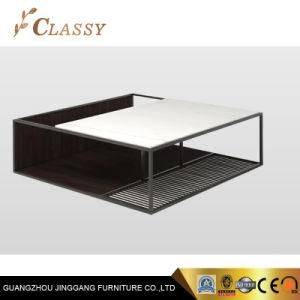 Black Painted Stainless Steel Square Coffee Table with Marble Top and Wooden Base