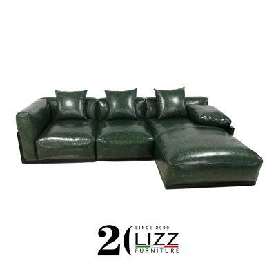 European Design Lounge Suite Genuine Leather Sectional Sofa with Wooden Panel Trim