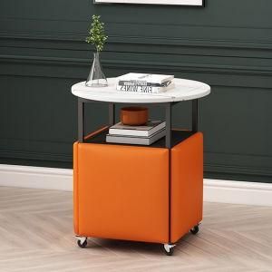 Marble Round Coffee Table White Wooden Tabletop Metal Frame with Four Yellow Flannel Surface Stools Magic Cube Tea Table