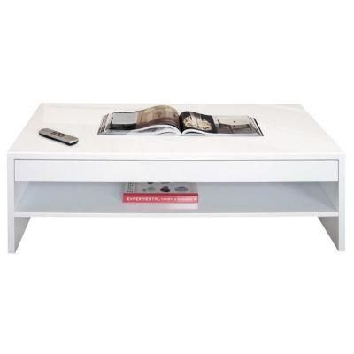 White Wood Coffee Table with Three Compartments in a Drawer
