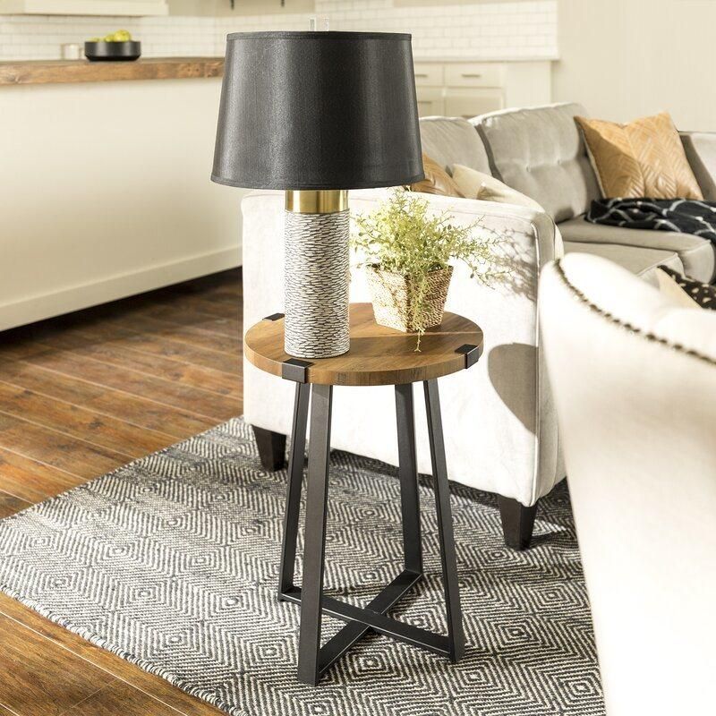 Wood & Metal Frame Rustic Oak Modern Round Metal Wrap Accent Coffee Tables Living Room