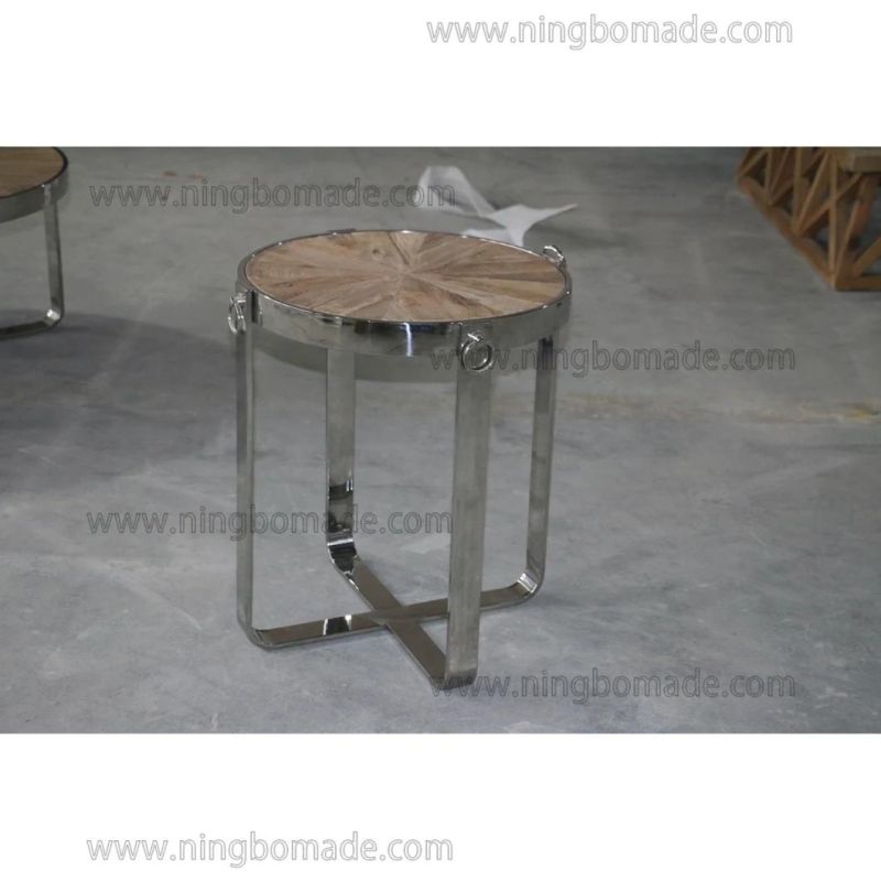 Classic Chic Eco-Friendly Paint Furniture Natural Reclaimed Elm Top Shining Stainless Steel Base Round Corner Table