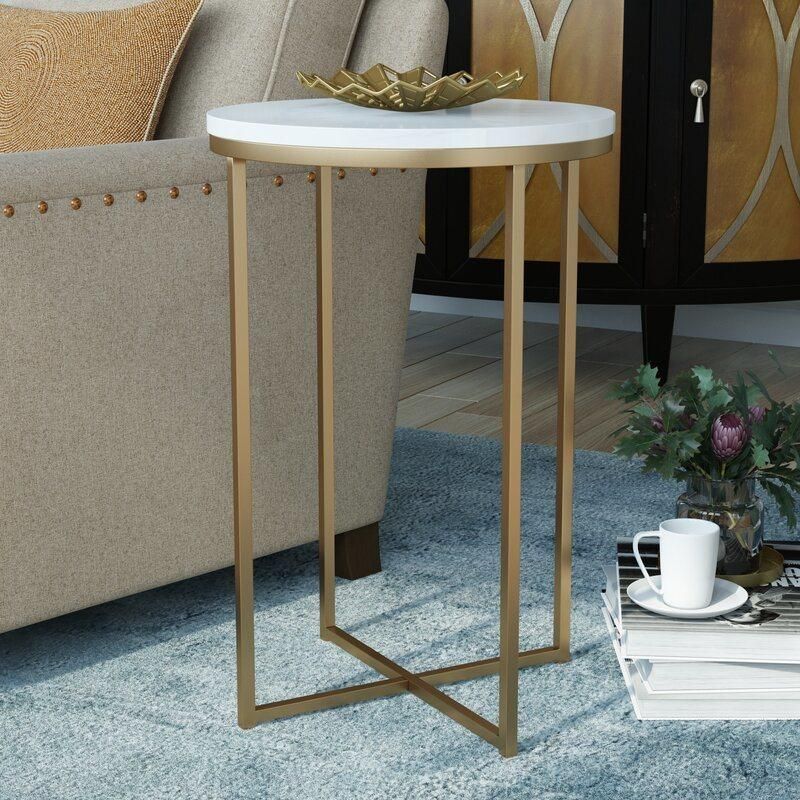 White Modern Round Metal Wrap Accent Coffee Tables with Golden Metal Base for Living Room